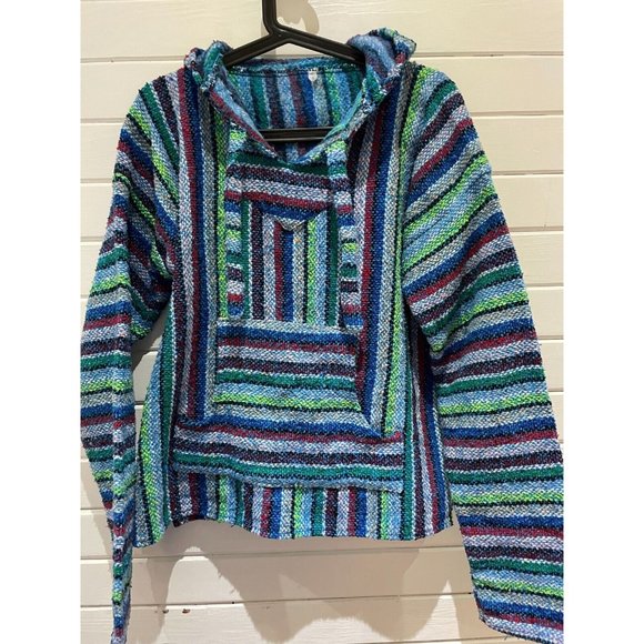 Baja Joe Mexican Hoodie Hippie Surf poncho Sweater Pullover Aqua /size S/M women - Picture 1 of 8